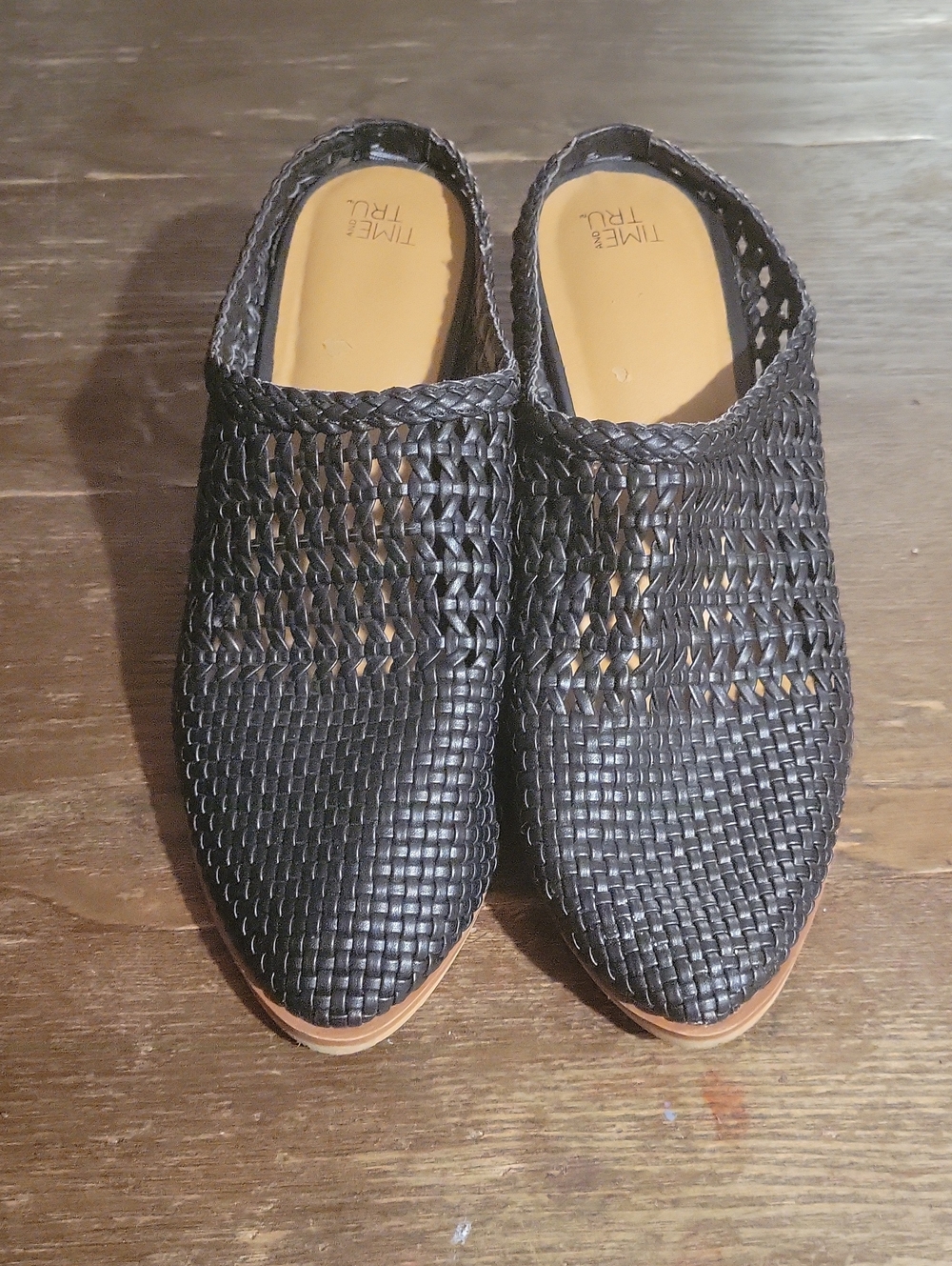 Time and Tru Black Woven Slip-On Mules